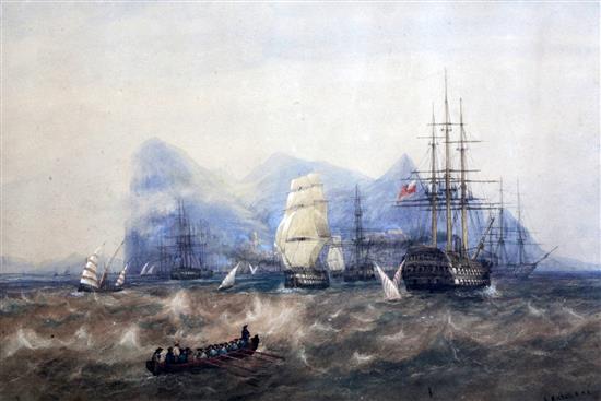 Andrew Nicholl RHA (1804-1886) Men oWar off Gibraltar, 17.75 x 27in.